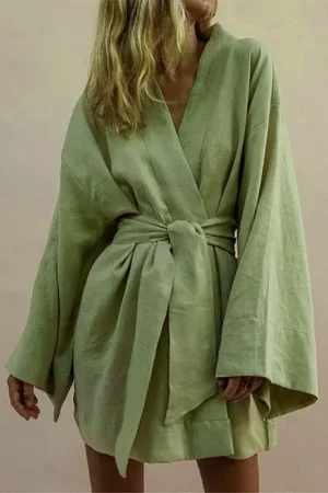 Women's Lace Up V-Neck Mini Dress 2024 Spring Long Sleeve Cotton Linen Sashes Dresses Casual Loose Kimono Cardigan Dress