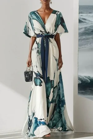 Freeacy Watercolor Printed Elegant Maxi Dress for Women 2026 Summer V-neck Lace-up Waist Batwing Sleeves Pleated Party Dresses