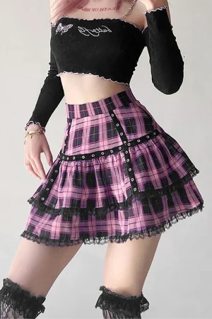 FICHOR Mall Goth Gothic Lace Ruffle Mini Skirts Womens Harajuku Fairy Grunge Pink Plaid Pleated Skirt Japanese Lolita Streetwear