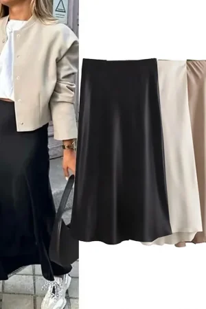 Willshela 2024 Black Satin Skirt Woman High Waist Elegant Long Skirts For Women Fashion Summer Midi Skirt Office Women's Skirts