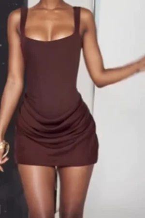 Retro Brown Satin Mini Skirt Fashion Pleated Sleeveless Off Shoulder Backless Slim Fit Dress 2026 Lady Banquet Evening Dresses