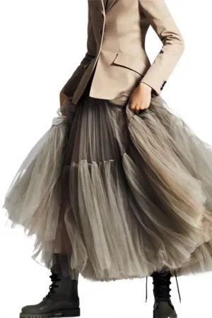2025 Summer High Waist Long Tulle Skirts Spring Autumn Woman Solid Color A Line Tutu Skirts Female Pleated Mesh Clothing