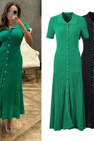 YuooMuoo Brand Fashion Vintage Turn-down Collar Knit Maxi Dress Elegant Single-breasted A-line Long Shirt Dress Lady Vestidos