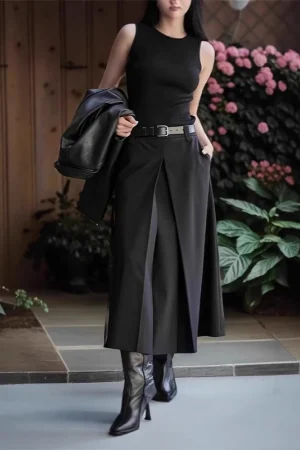 JIAMI Women’s Elegant Black Midi Skirt with Pockets High Waist Office Csual A-Line Skirt 2026 New in Spring/Summer Outfits