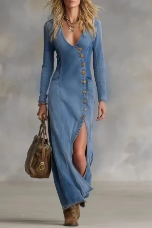 Women's Vintage Washed Denim Maxi Dress Boho Long Sleeve V-Neck Button Front Split Hem Casual Western Style Jean Dress