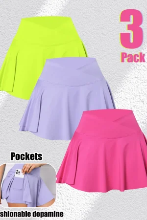 3Pack Dopamine Pockets Tennis Skirts for Women Fitness Skinny Pleated Skirt Outdoors Corset Pockets Shorts High V Waist