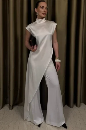 Tossy Casual Sleeveless Satin Maxi Dress Female Turtleneck Patchwork Slim Fashion Solid Commute Dress For Women Long Dress 2025