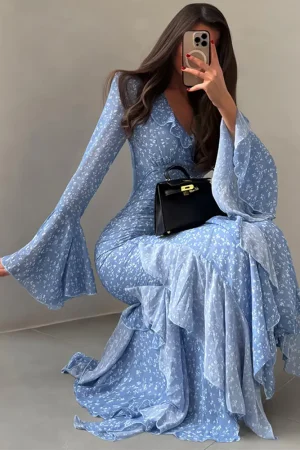 Women Printed V-neck Long Dress Flared Sleeve Lotus Leaf Edge High Waist Slim Fit Maxi Dresses Lady Elegant Evening Party Dress