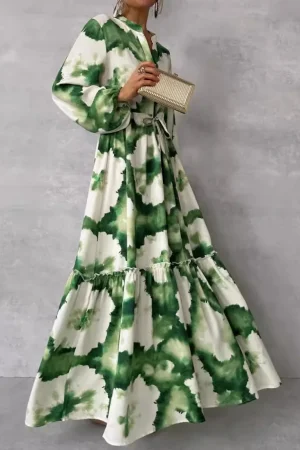 2024 Summer Elegant Women Maxi Dresses Fashion Green Print Long Sleeve V Neck Waist Adjustment Long Dress Female Party Vestido