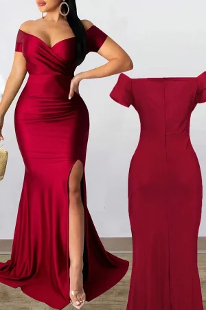 Classic High Slit Evening Dress Women Solid Maxi Long Dresses With Sleeves Wedding Bridesmaid Elegant Party Dresses 2025 Woman